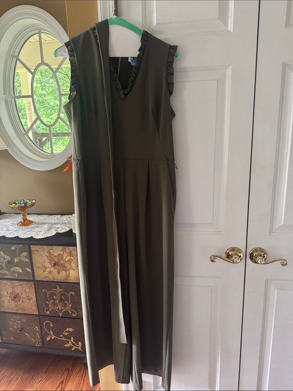 Calvin Klein Sleeveless Olive Green Jumpsuit with V-Neck and Ruffle Trim